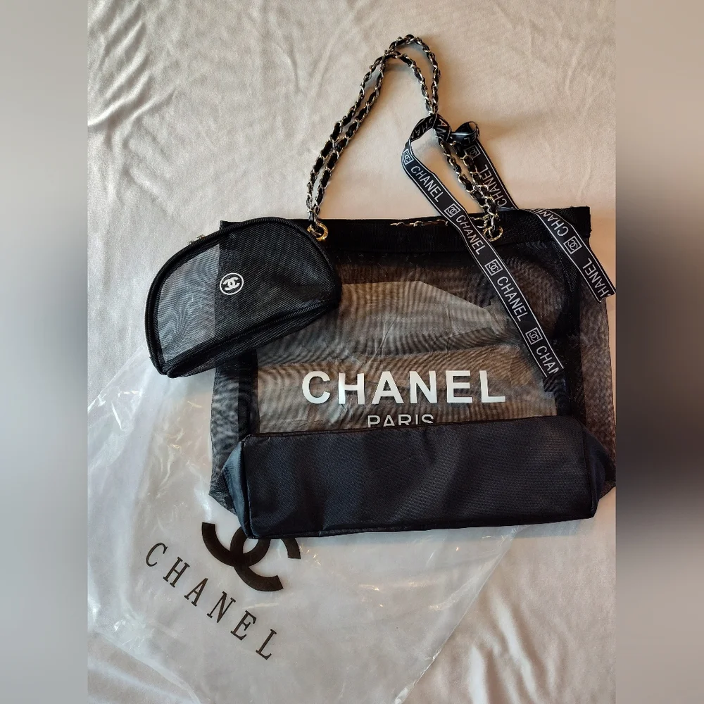 CHANEL Paris Mesh Tote & Pouch Set Black Chain Shoulder Bag Gold Hardware NIP